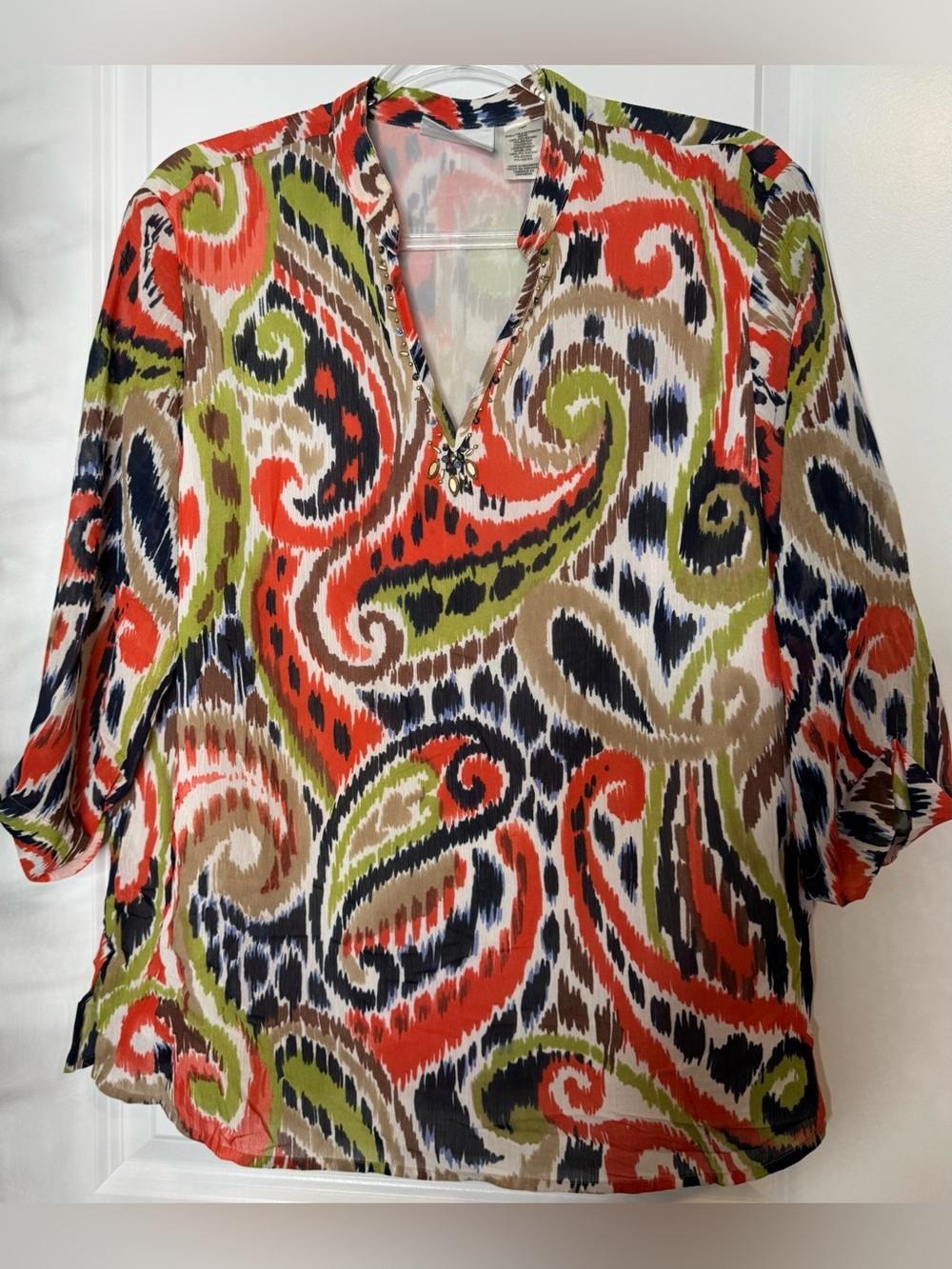 Alfred Dunner Coral, Olive & Black Paisley V-Neck Blouse with beaded accent 14P